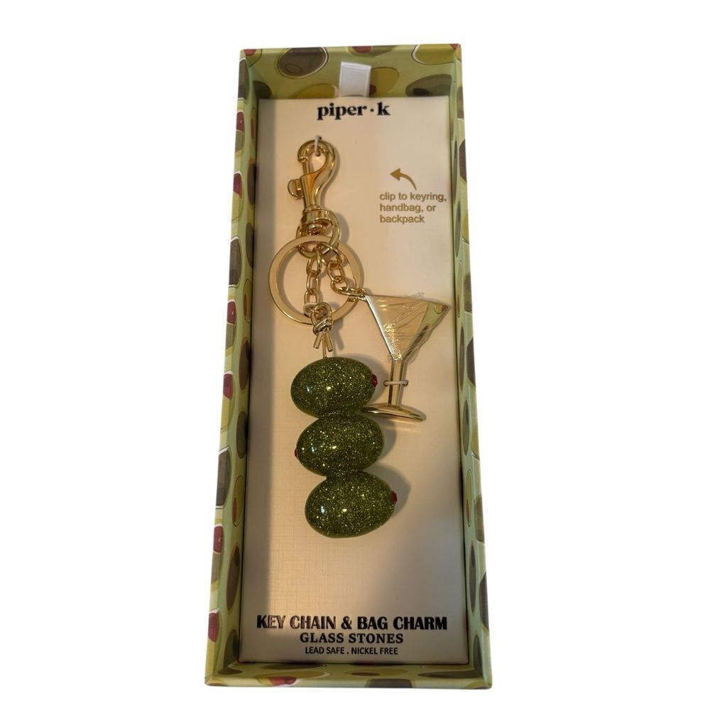 Piper.k Gold Tone & Sparkly Green Glass Martini Themed Key Chain & Bag Charm.